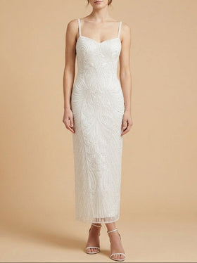 Lara 51231 Ivory Sweetheart Beaded Spaghetti Strap Midi Dress