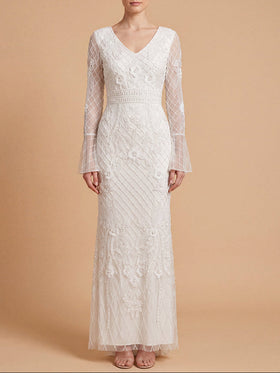 Lara 51239 Ivory V-Neck Long Bell Sleeve Beaded Bridal Gown