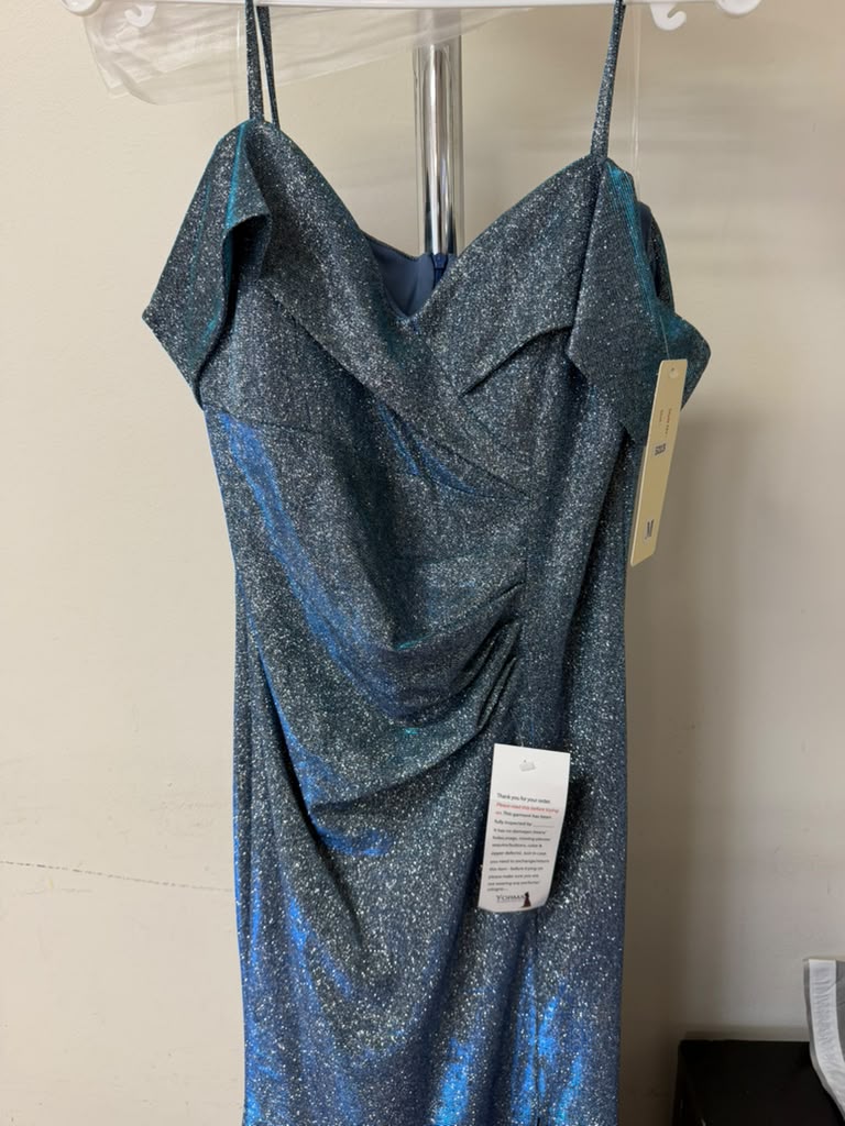 Clearance Royal/Silver Size M Cold Shoulder Metallic Evening Dress By Lenovia 5213