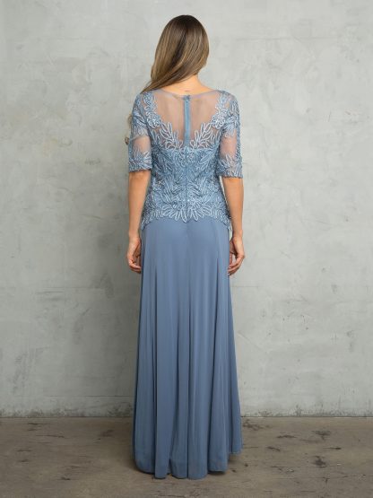White Beaded Lace Bridal Gown with Sheer Sleeves and Flowing Chiffon Skirt By Eva USA 5222