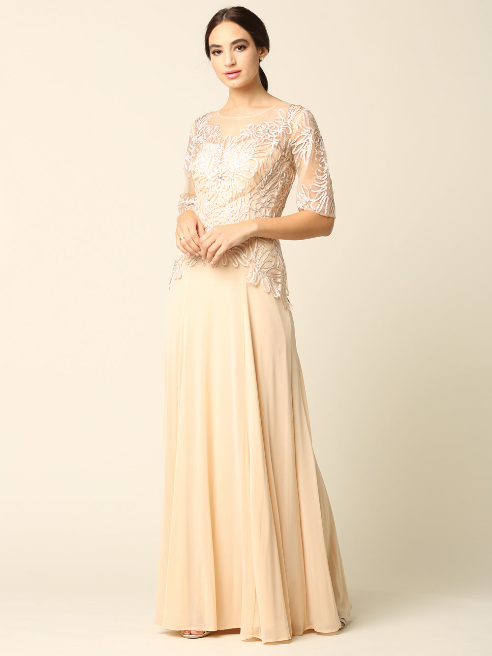 Women’s Long Embellished Formal Dress with Sheer Sleeves and Beaded Lace Bodice By Eva USA 5222