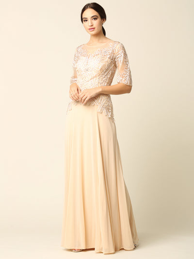 Women’s Long Embellished Formal Dress with Sheer Sleeves and Beaded Lace Bodice By Eva USA 5222