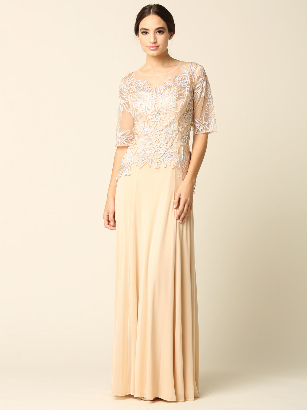 Women’s Long Embellished Formal Dress with Sheer Sleeves and Beaded Lace Bodice By Eva USA 5222
