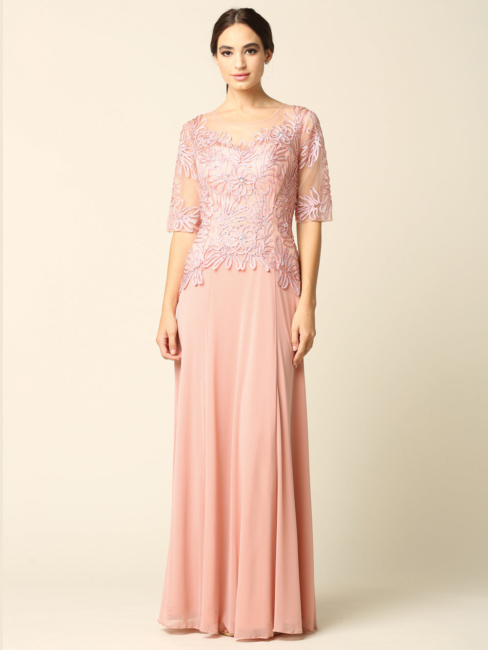 Women’s Long Embellished Formal Dress with Sheer Sleeves and Beaded Lace Bodice By Eva USA 5222