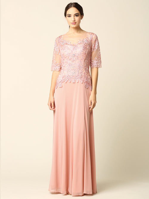 Women’s Long Embellished Formal Dress with Sheer Sleeves and Beaded Lace Bodice By Eva USA 5222