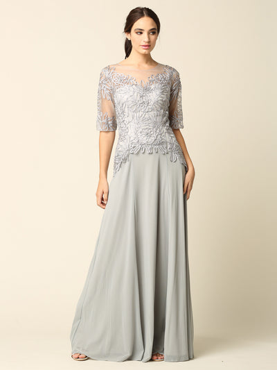 Women’s Long Embellished Formal Dress with Sheer Sleeves and Beaded Lace Bodice By Eva USA 5222