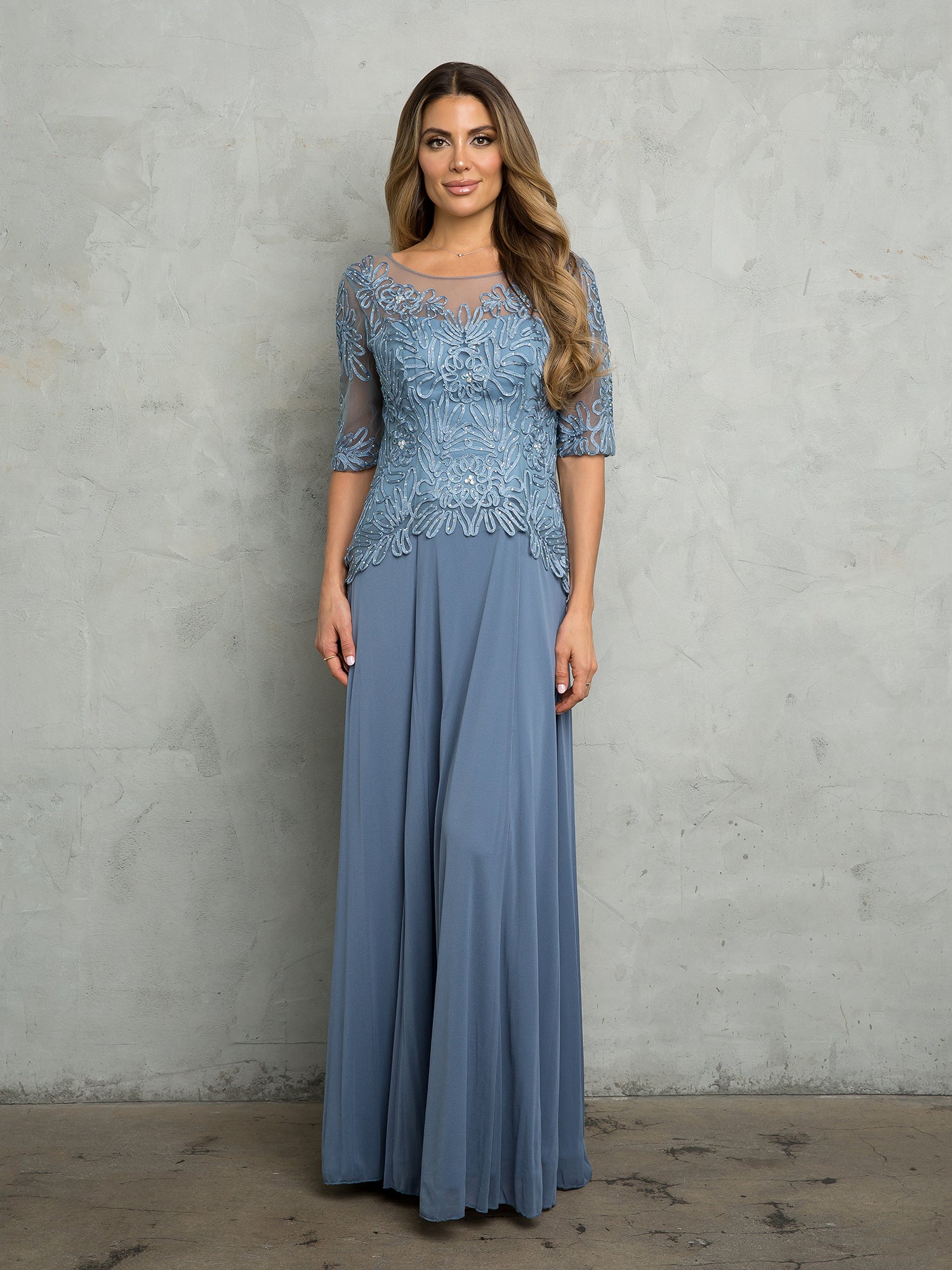 Women’s Long Embellished Formal Dress with Sheer Sleeves and Beaded Lace Bodice By Eva USA 5222