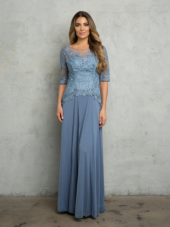 Women’s Long Embellished Formal Dress with Sheer Sleeves and Beaded Lace Bodice By Eva USA 5222