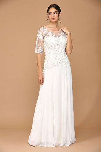 White Beaded Lace Bridal Gown with Sheer Sleeves and Flowing Chiffon Skirt By Eva USA 5222 (Copy)