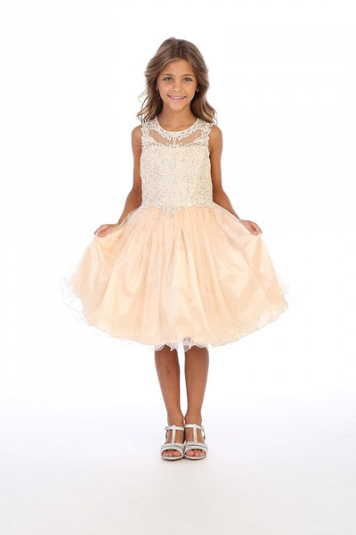 Vestido de fiesta corto de tul sin mangas con bordado para niñas, escote de pedrería y espalda con cordones, de AG5266