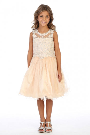 Sleeveless Embroidered Little Girls Short Tulle Party Dress with Rhinestone Bodice & Lace-Up Back By AG5266
