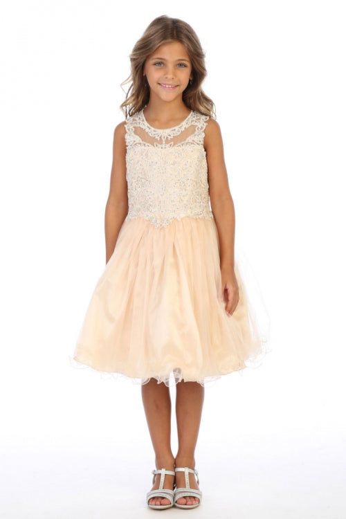 Sleeveless Embroidered Little Girls Short Tulle Party Dress with Rhinestone Bodice & Lace-Up Back By AG5266