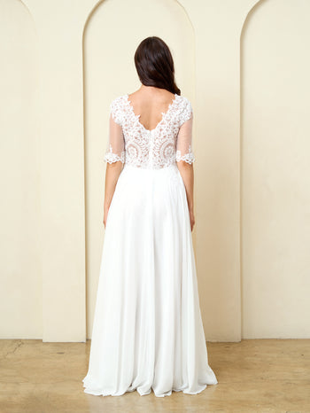 Simple White Wedding Dress with Lace Bodice, Sheer Sleeves and A-Line Chiffon Skirt