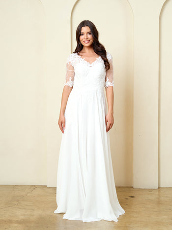 Simple White Wedding Dress with Lace Bodice, Sheer Sleeves and A-Line Chiffon Skirt
