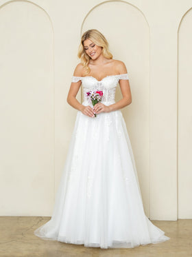 Eva Fashion EV5275 Tulle A-Line Off-the-Shoulder Short Sleeve Wedding Dress with corset back
