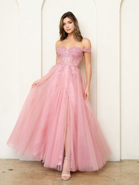 Eva Fashion EV5279 Off-the-Shoulder Sweetheart Tulle A-Line Prom Gown with High Slit