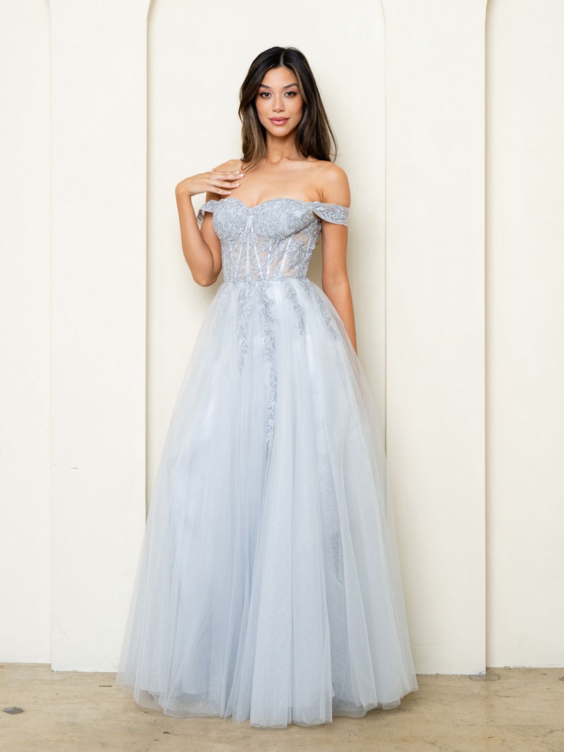 Long Formal A Line Slit Prom DressSilver