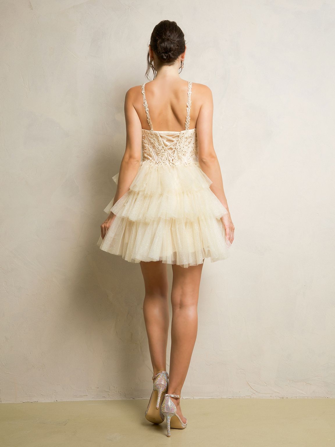 Eva USA 5282 Glitter Corset Mini Dress with Boning and Mesh Overlay