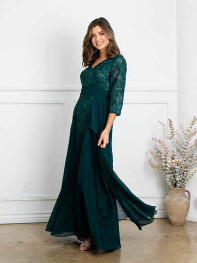 Eva USA EV5283 Pleated V-Neck Stretch Dress with Full Lining