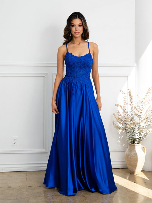 Prom Dresses A Line Long Formal Lace Applique Corset Prom Dress Royal