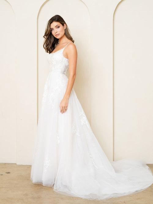Eva USA EV5296 A-Line Lace Tulle Wedding Dress with Spaghetti Straps