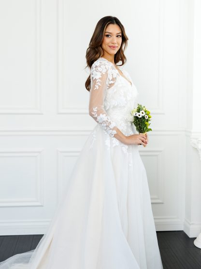 Eva USA 5300 A-Line Floral Lace Long Dress with Structured Lining