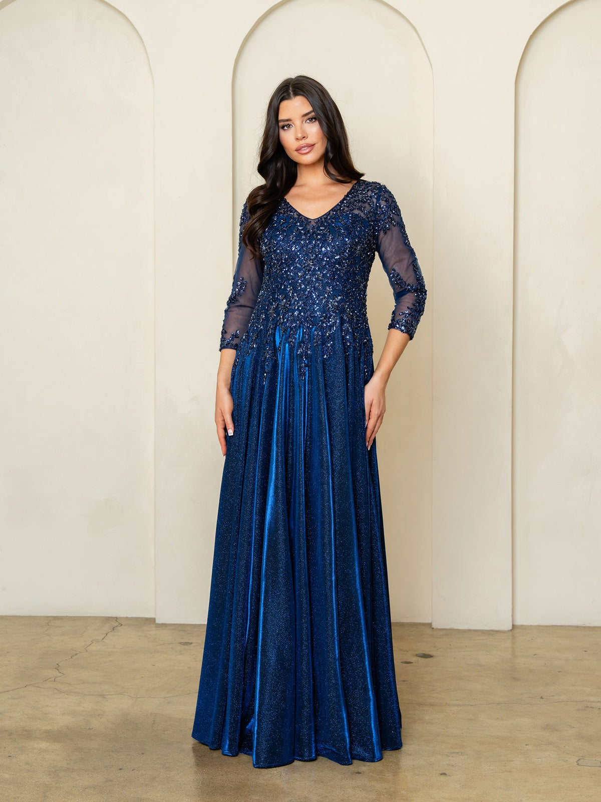 Mother of the Bride Dresses Glitter Long Formal Beaded Mother of the Bride Dress Navy