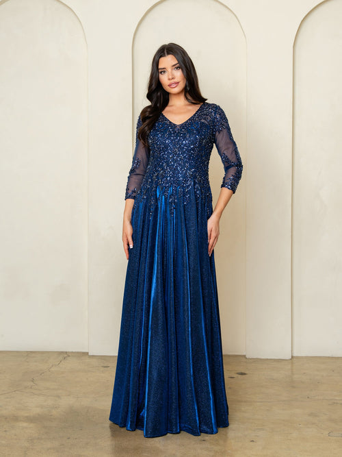 Mother of the Bride Dresses Glitter Long Formal Beaded Mother of the Bride Dress Navy