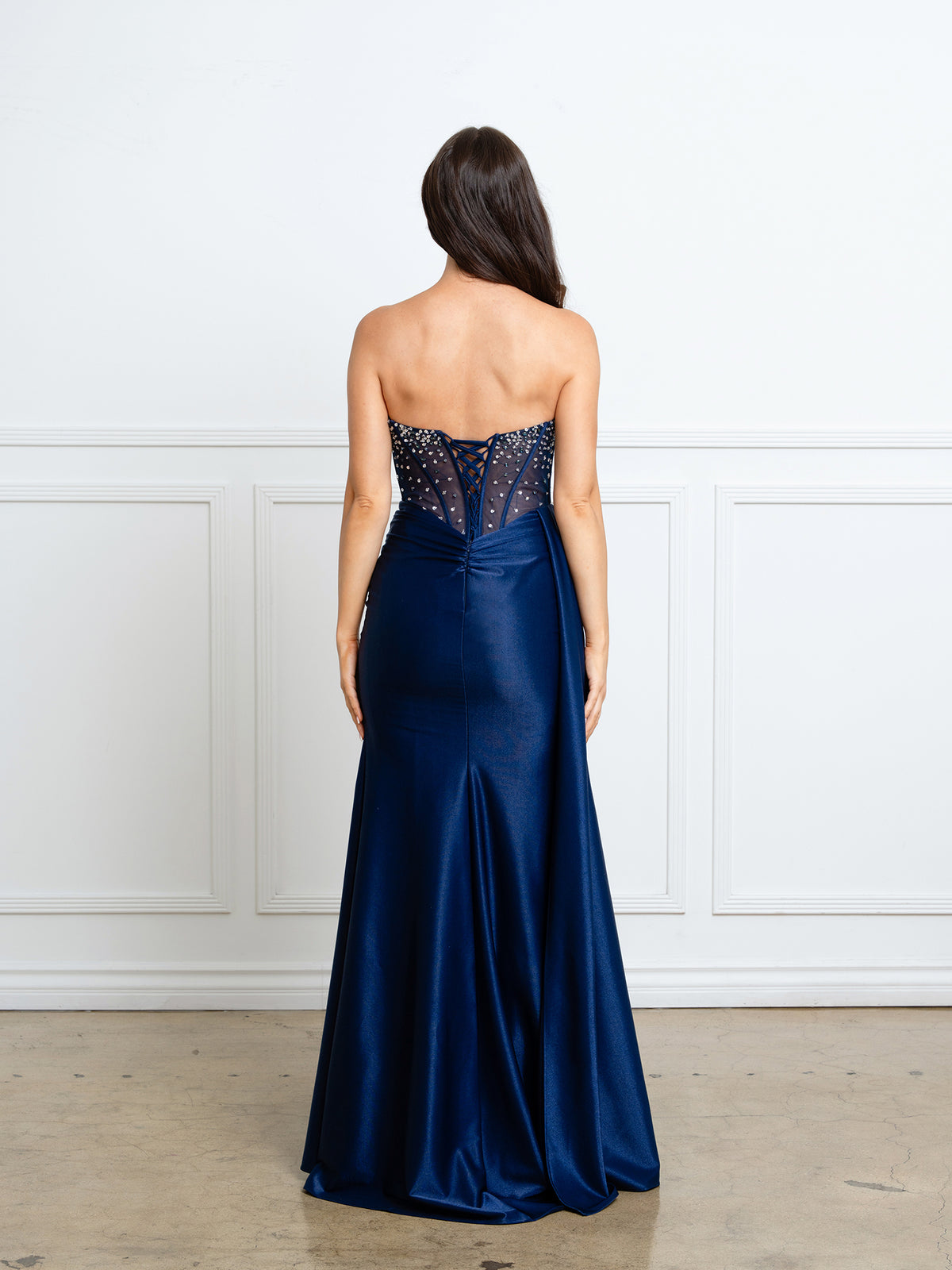 Strapless Crystal-Beaded Corset Fitted Embellished Formal Gown with High Slit by Eva USA 5306