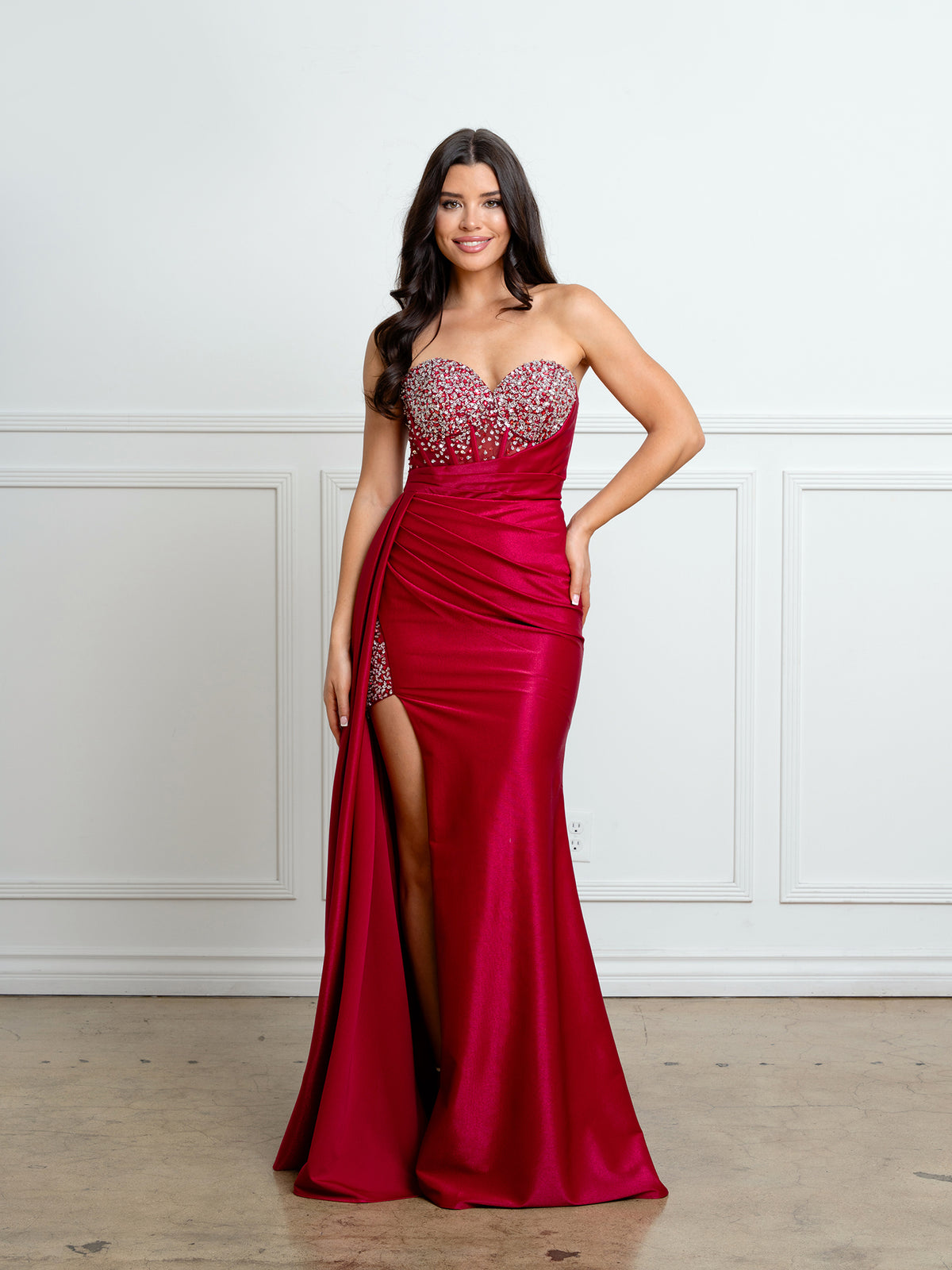 Strapless Crystal-Beaded Corset Fitted Embellished Formal Gown with High Slit by Eva USA 5306