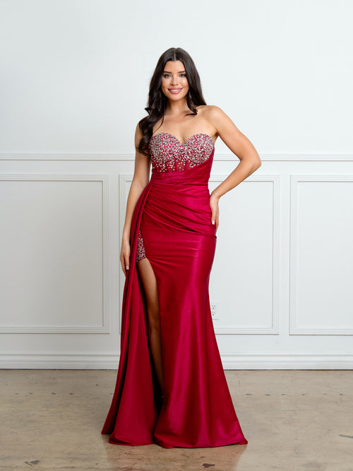 Strapless Crystal-Beaded Corset Fitted Embellished Formal Gown with High Slit by Eva USA 5306