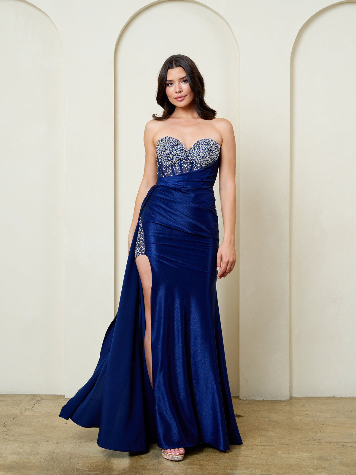 Strapless Crystal-Beaded Corset Fitted Embellished Formal Gown with High Slit by Eva USA 5306