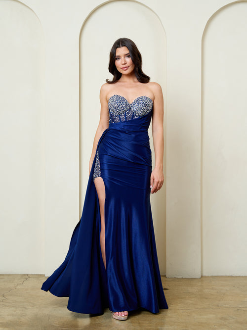 Strapless Crystal-Beaded Corset Fitted Embellished Formal Gown with High Slit by Eva USA 5306