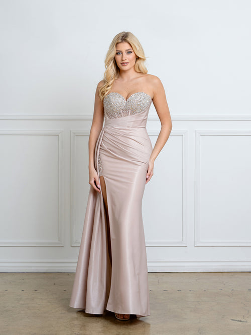 Strapless Crystal-Beaded Corset Fitted Embellished Formal Gown with High Slit by Eva USA 5306