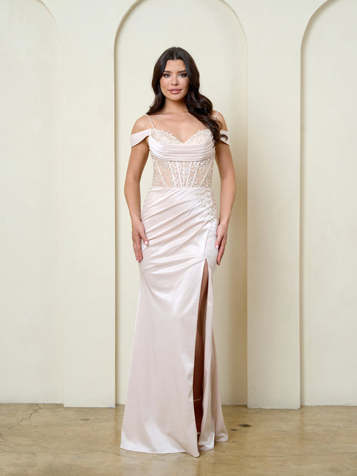 Off-Shoulder Corset Lace Satin Formal Evening Gown with High Slit Prom Dress by Eva USA 5307