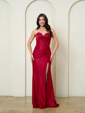 Strapless Corset Satin Fitted Formal Dress with Side Slit Long Prom Evening Gown by Eva USA 5310