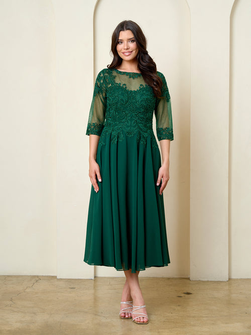 Eva USA HUNTER GREEN Chiffon Skirt with Embroidered Lace &amp; Mesh Bodice (Sequin/Beaded Detailing) A-line Mother of the...