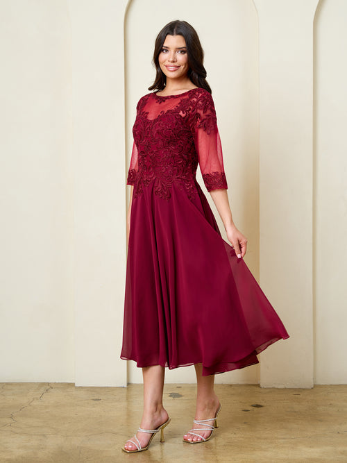 Eva USA BURGUNDY Chiffon Skirt with Embroidered Lace &amp; Mesh Bodice (Sequin/Beaded Detailing) A-line Mother of the Brid...