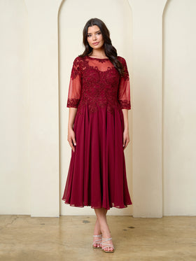 Lace Appliqué Tea-Length Dress with Illusion 3/4 Sleeves Mother of the Bride Dress by Eva USA 5312