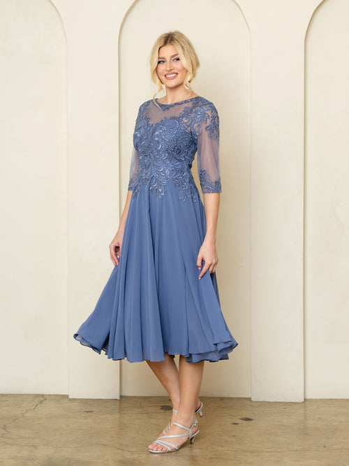 Eva USA SLATE BLUE Chiffon Skirt with Embroidered Lace &amp; Mesh Bodice (Sequin/Beaded Detailing) A-line Mother of the Br...