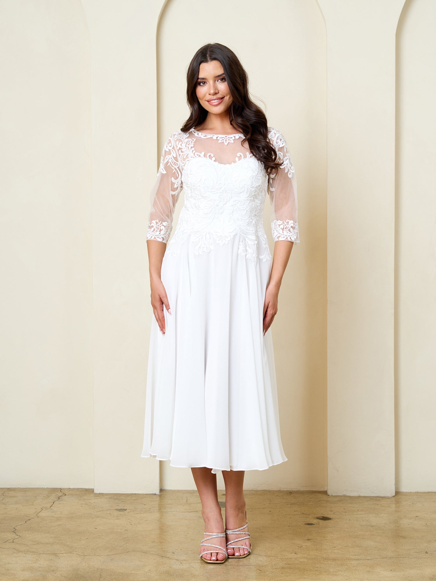 Eva USA OFF WHITE Chiffon Skirt with Embroidered Lace &amp; Mesh Bodice (Sequin/Beaded Detailing) A-line Mother of the Bri...