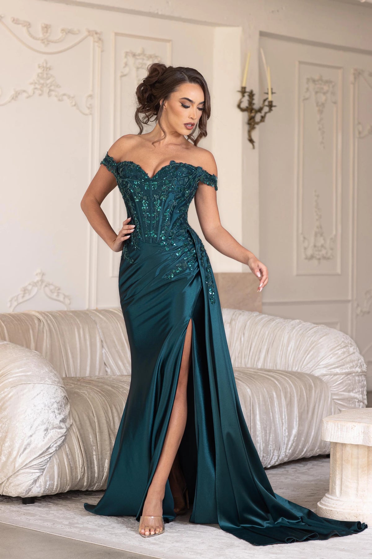 Lenovia 8397 Off Shoulder Sateen Dress with Applique and Slit