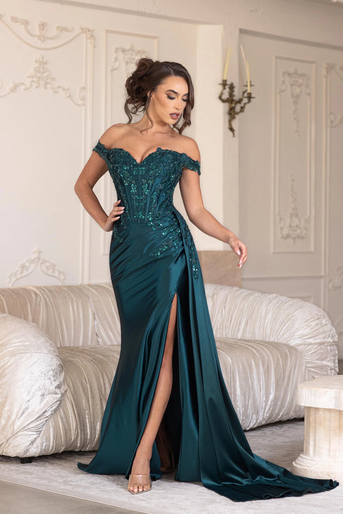 Lenovia 8397 Off Shoulder Sateen Dress with Applique and Slit