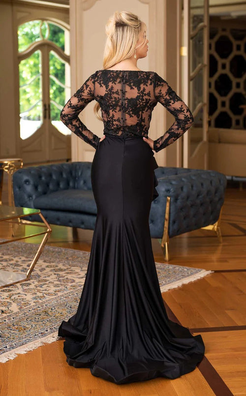 Jessica Angel JA537 Illusion Long Sleeve Fitted Train Slit Formal Lace Dress