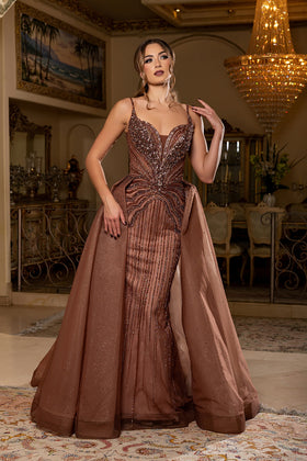 Sleeveless Plunging V-Neck Sheath Evening Gown with Dramatic Tulle Overskirt by Royal Queen RQ8262