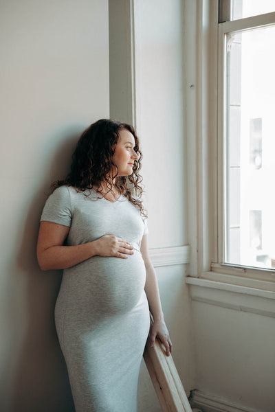 Light Gray Tea Length Short Sleeve Maternity Everyday Breastfeeding Dress with Panel