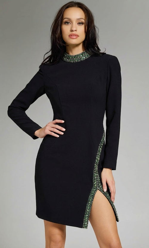 Jovani 42008 - Long Sleeve Beaded Trim Short Dress