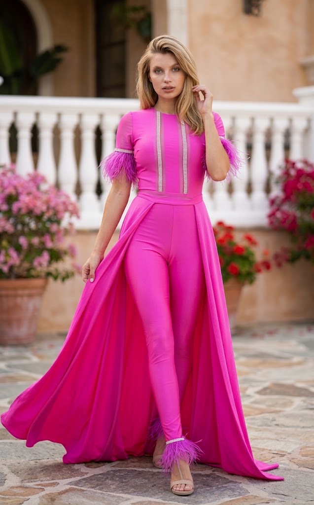 Feather Short Sleeve Convertible Formal Jumpsuit with Overskirt by Jessica Angel 917