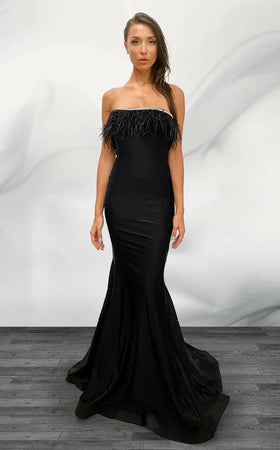 Jessica Angel JA569 Strapless Mermaid Low Back Court Train Jersey Feather Dress