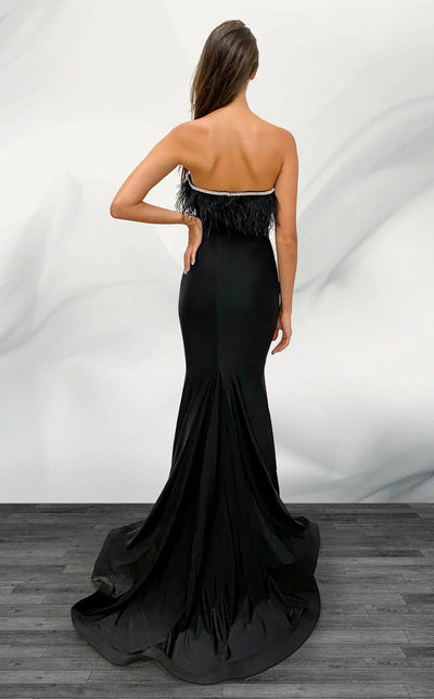 Jessica Angel JA569 Strapless Mermaid Low Back Court Train Jersey Feather Dress